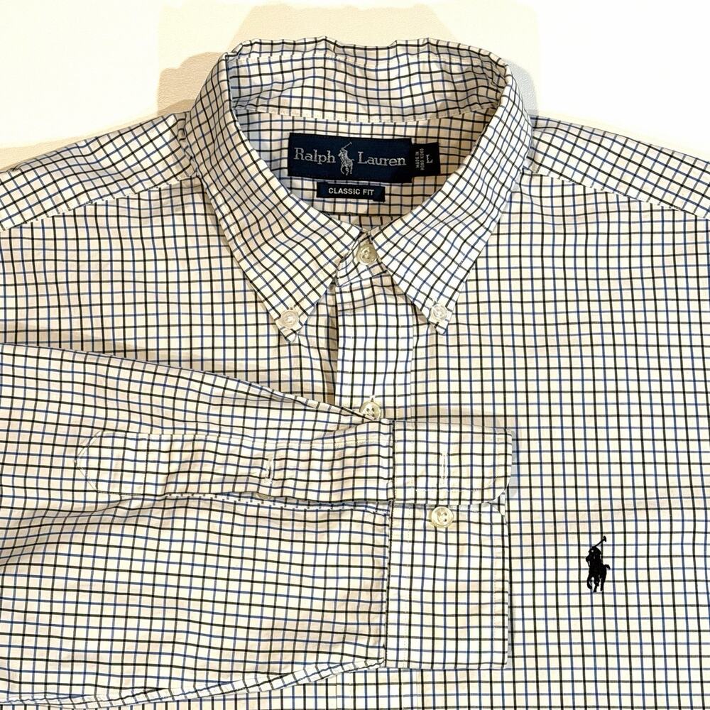 Ralph Lauren Shirt Mens Large Check Long Sleeve Classic Fit Button Down Navy
